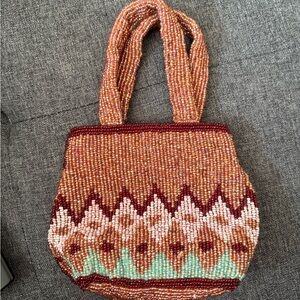 MOYNA Beaded Mini Top Handle Bag Copper Burgundy Mint Zigzag 6x4